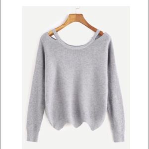 Cutout neck ribbed sweater with scallop hem